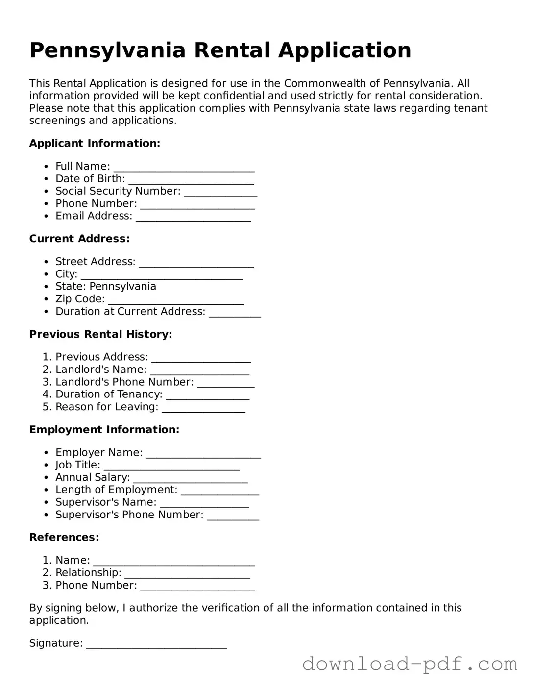 Pennsylvania Rental Application Document