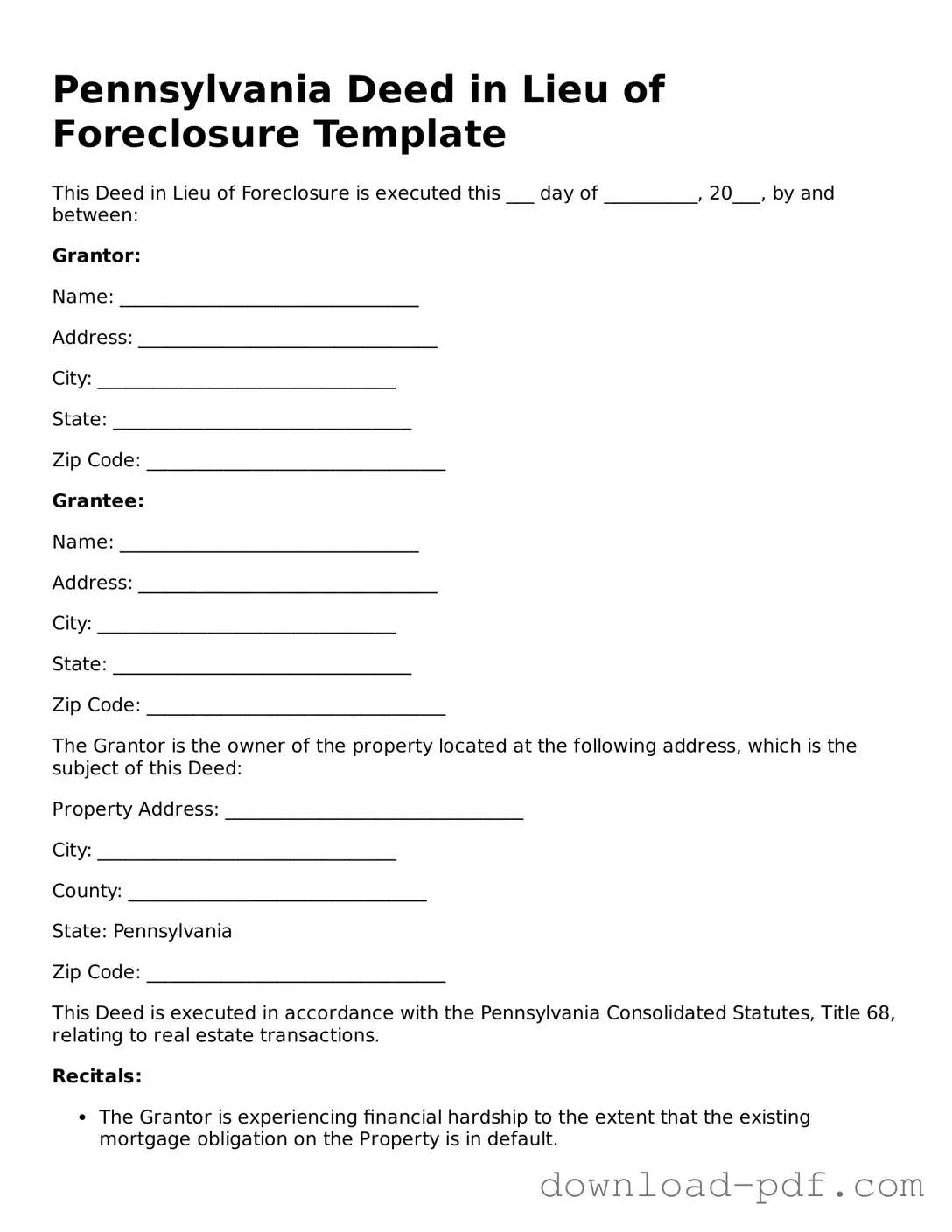 Pennsylvania Deed in Lieu of Foreclosure Document