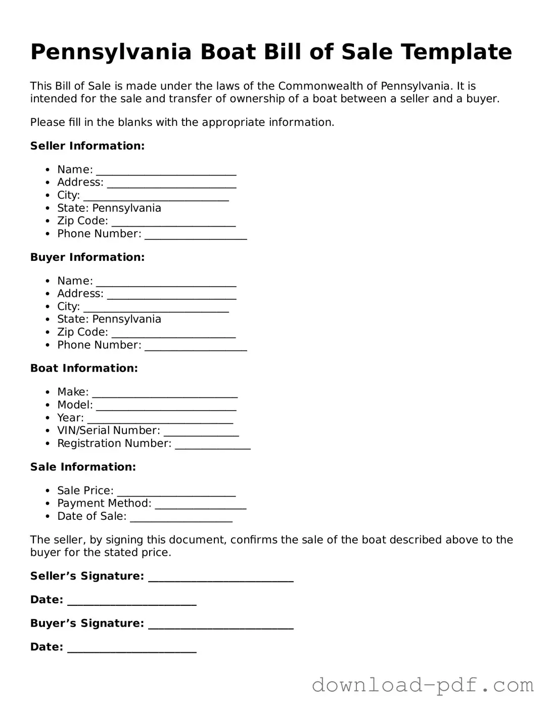 Pennsylvania Boat Bill of Sale Document