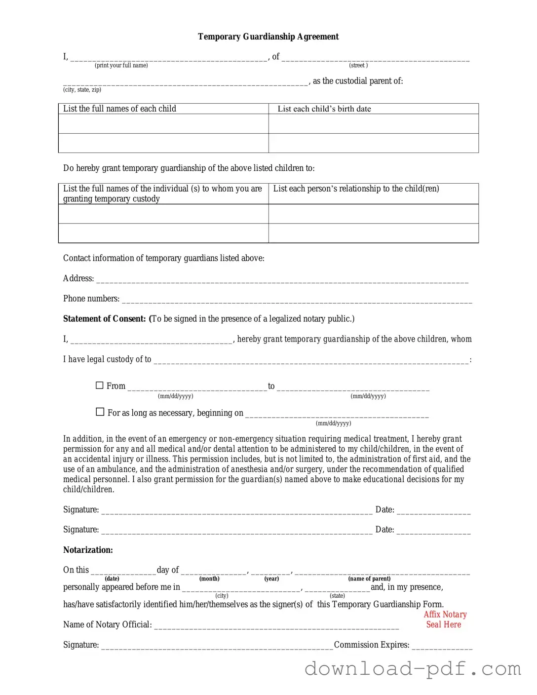 Get Temporary Custody Template in PDF