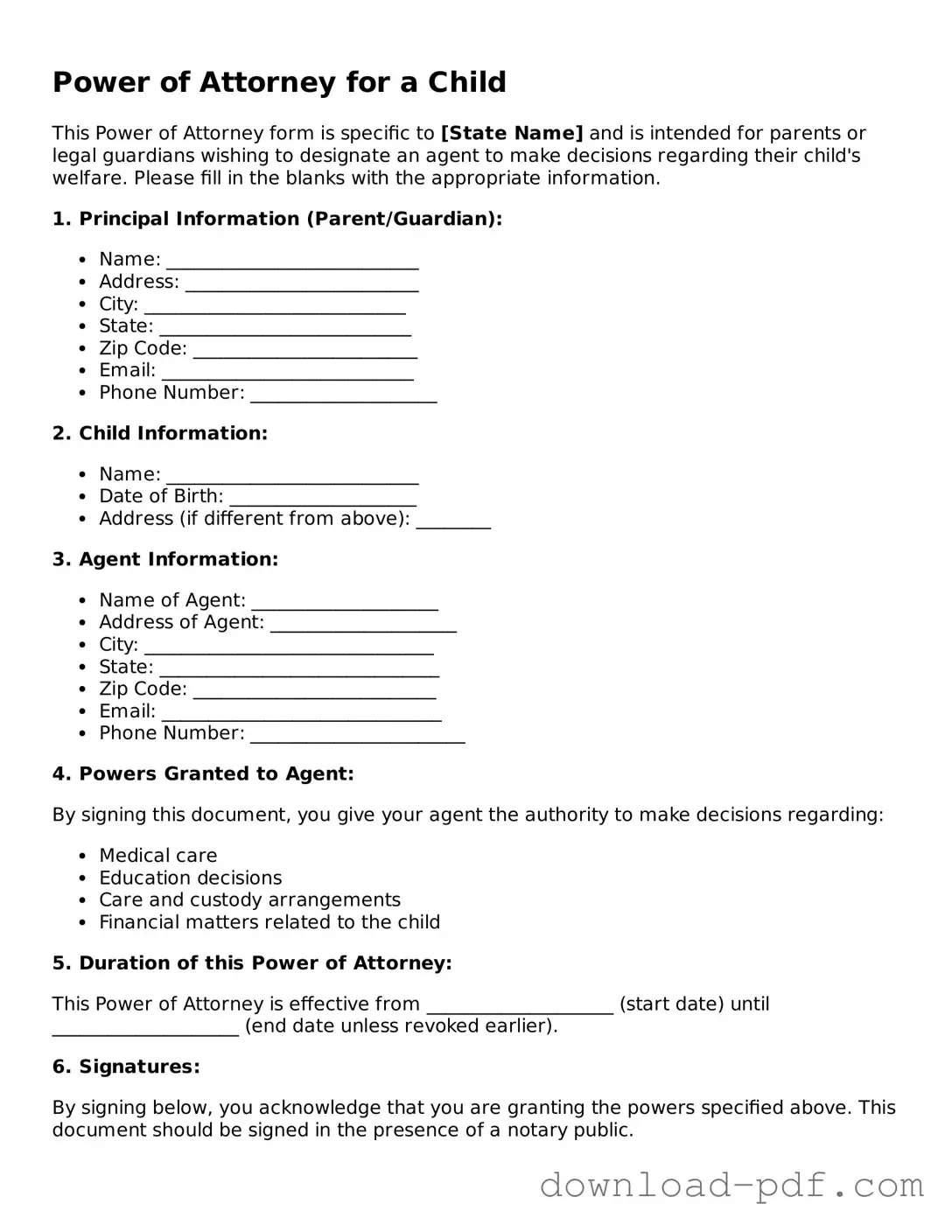 Free Power of Attorney for a Child Template