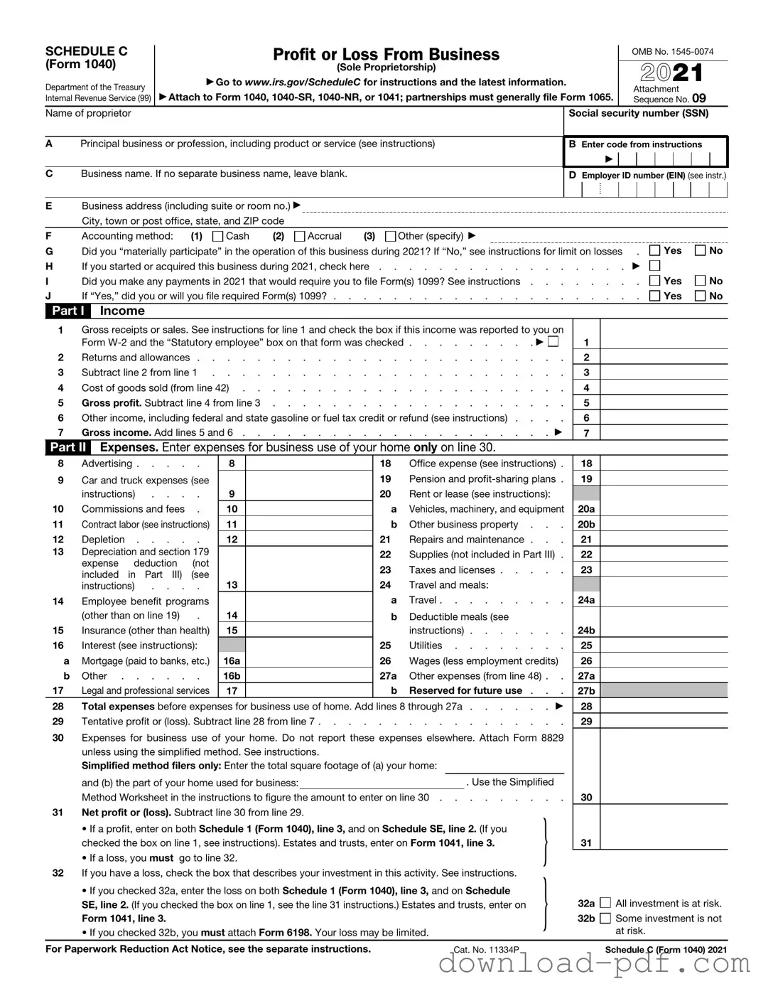 Get IRS Schedule C 1040 Template in PDF