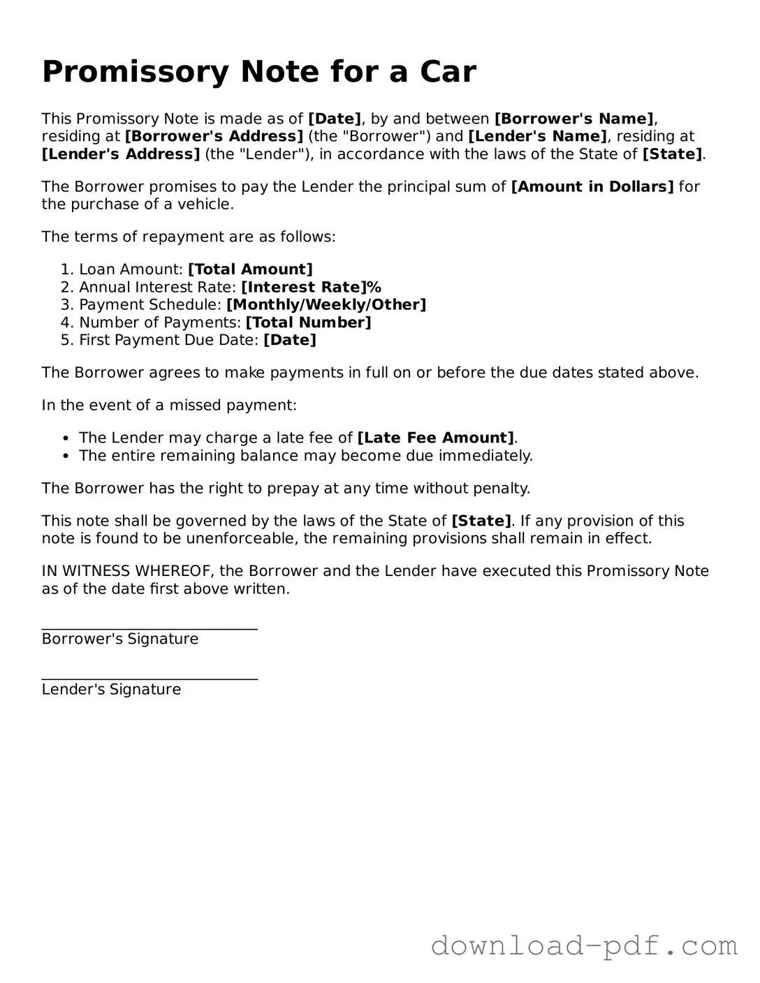 Free Promissory Note for a Car Template