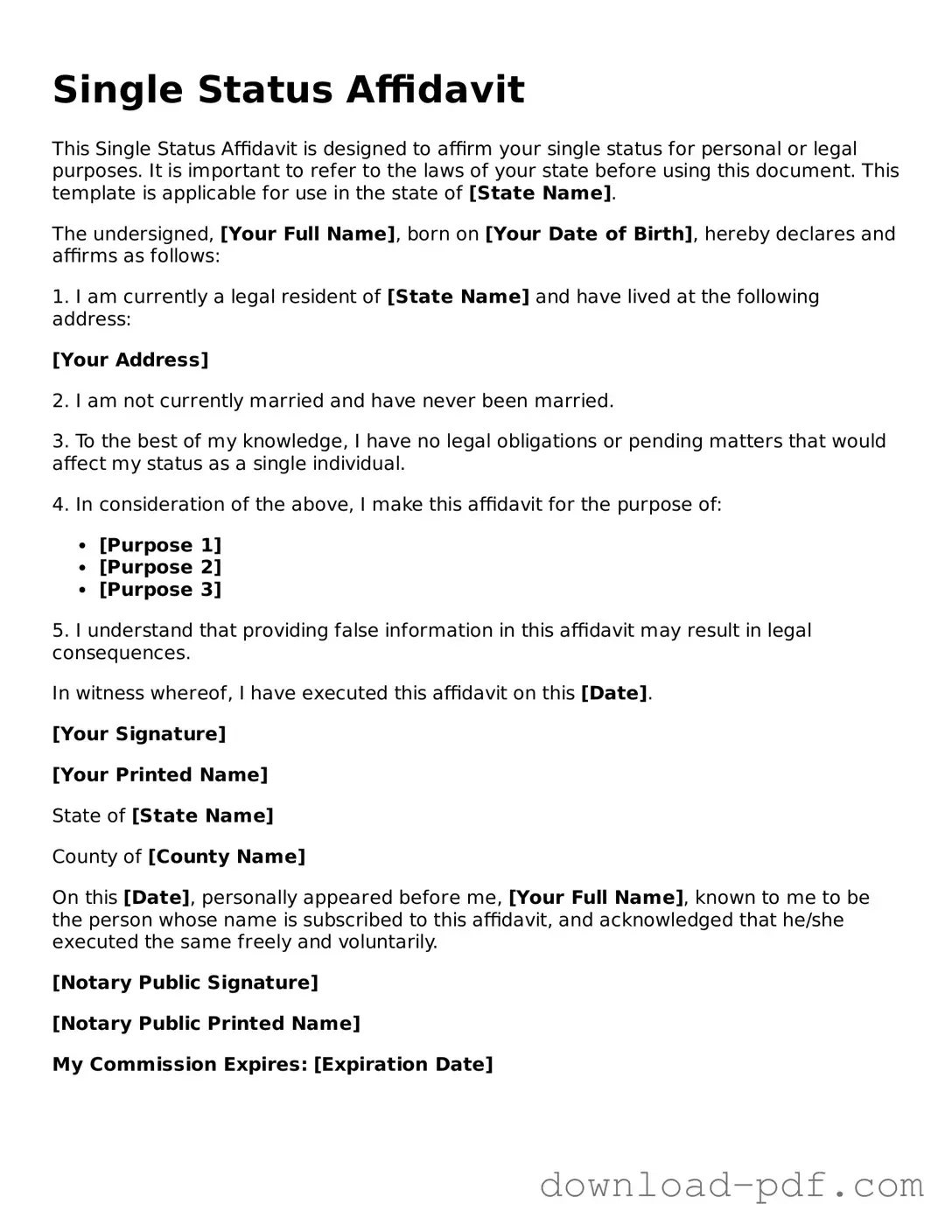 Free Single Status Affidavit Template