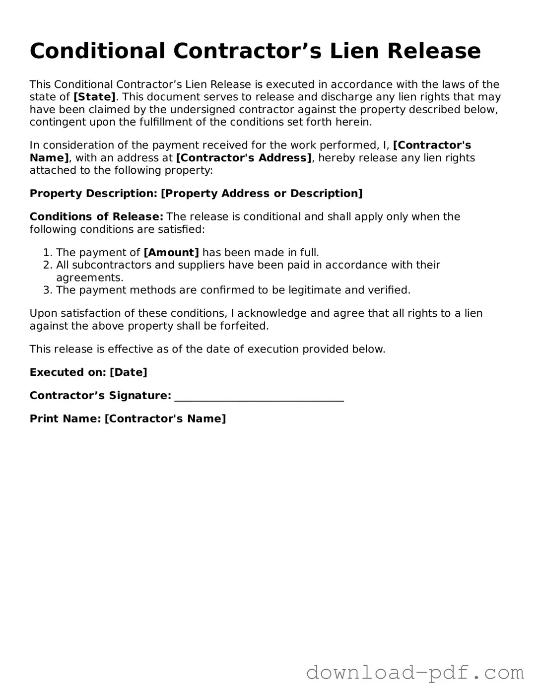 Free Conditional Contractor’s Lien Release Template