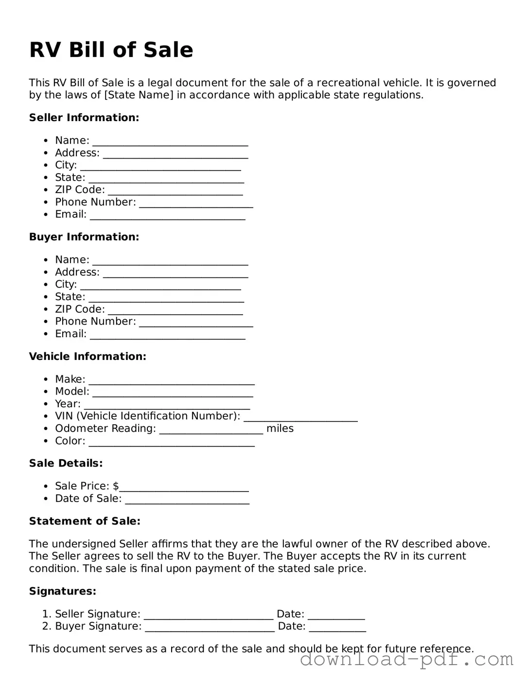 Free RV Bill of Sale Template