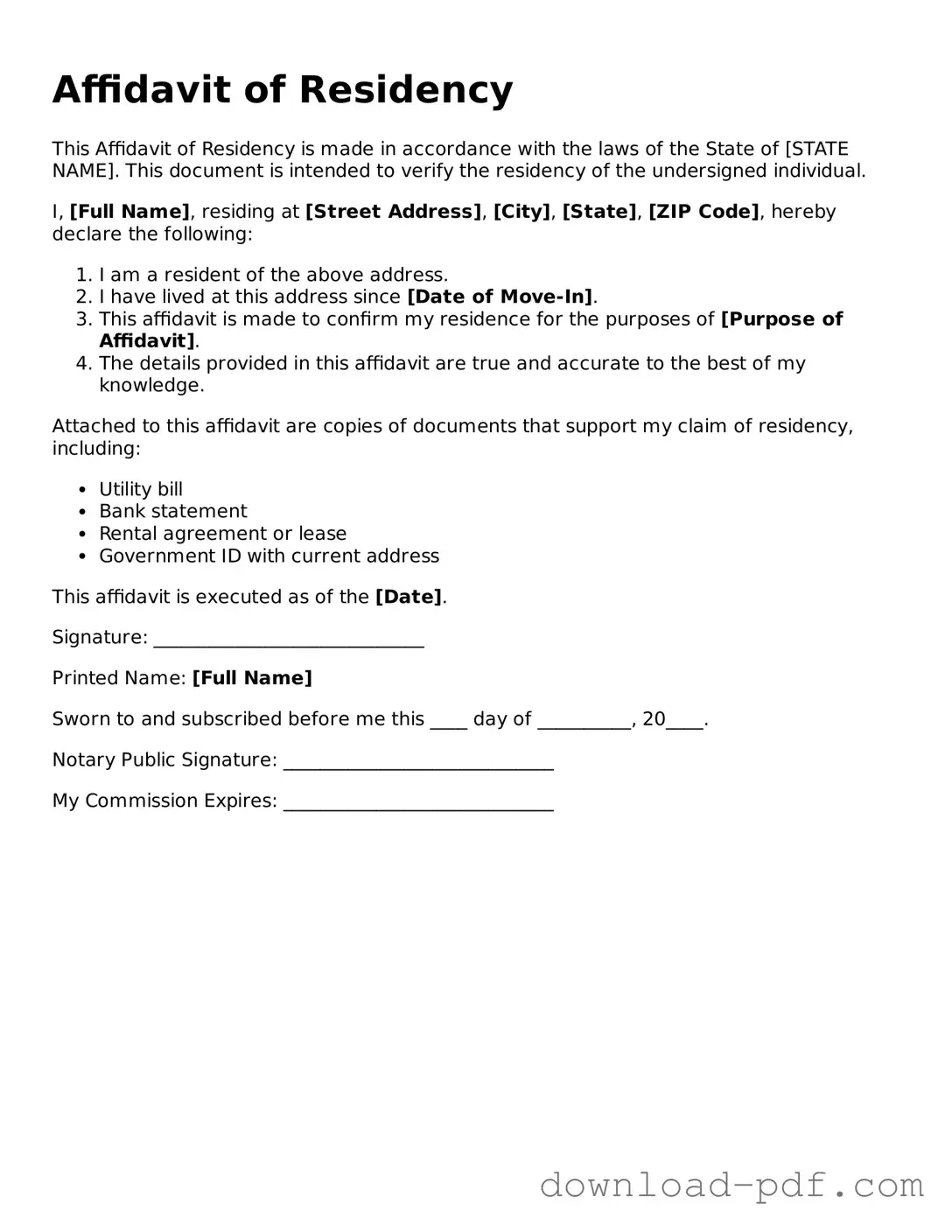 Free Affidavit of Residency Template
