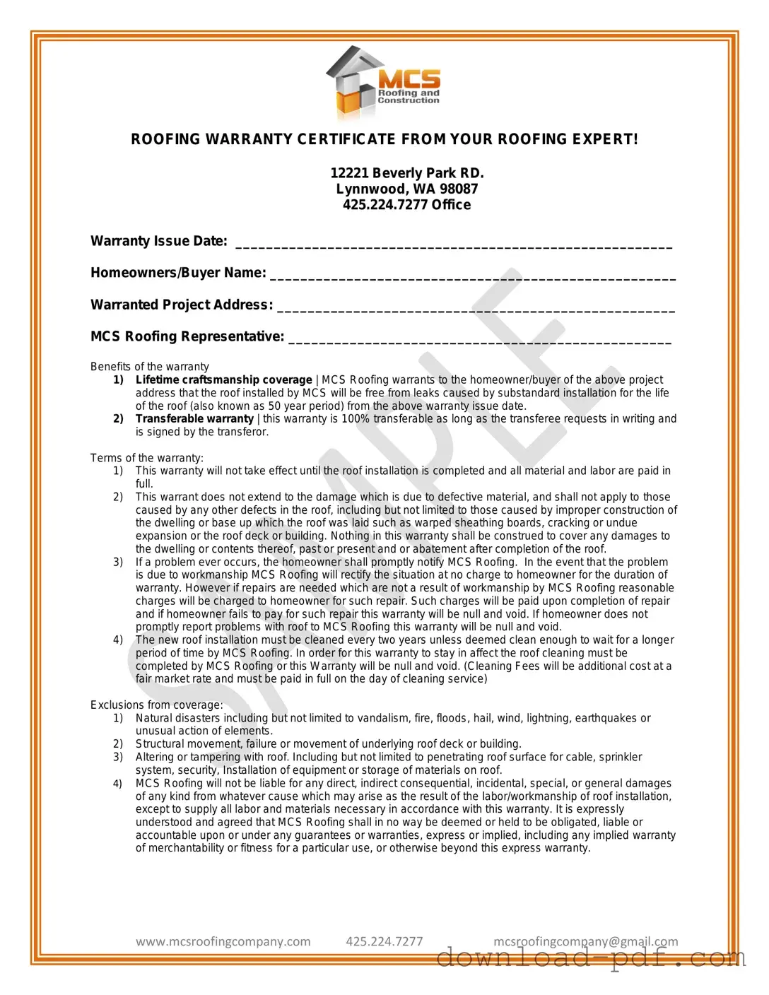 Get Roofing Warranty Certificate Template in PDF