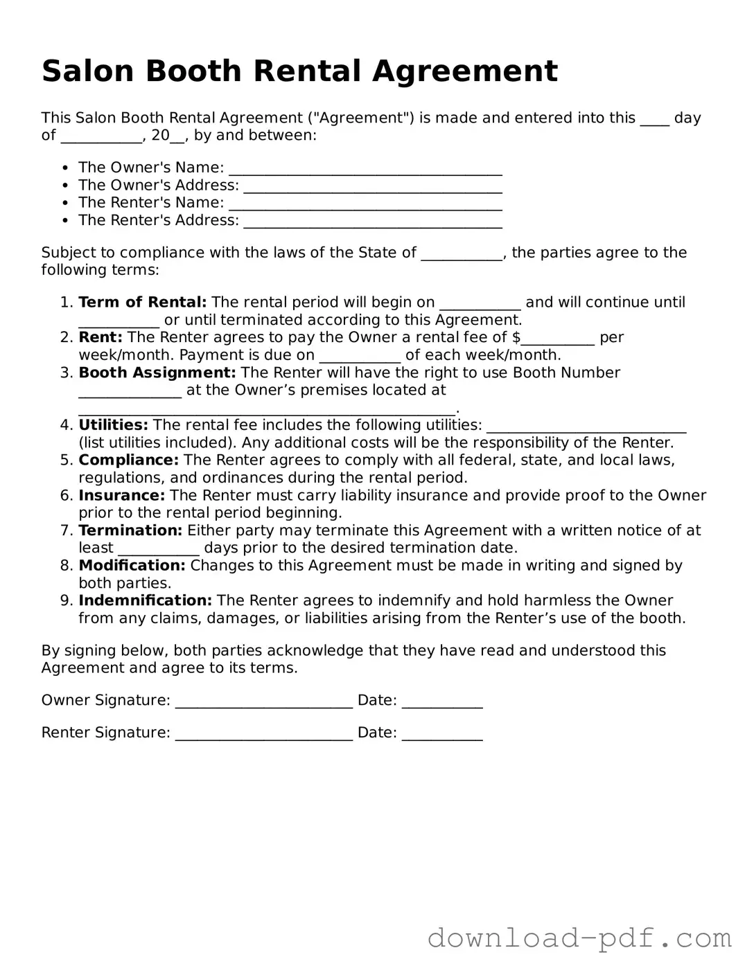 Free Salon Booth Rental Agreement Template