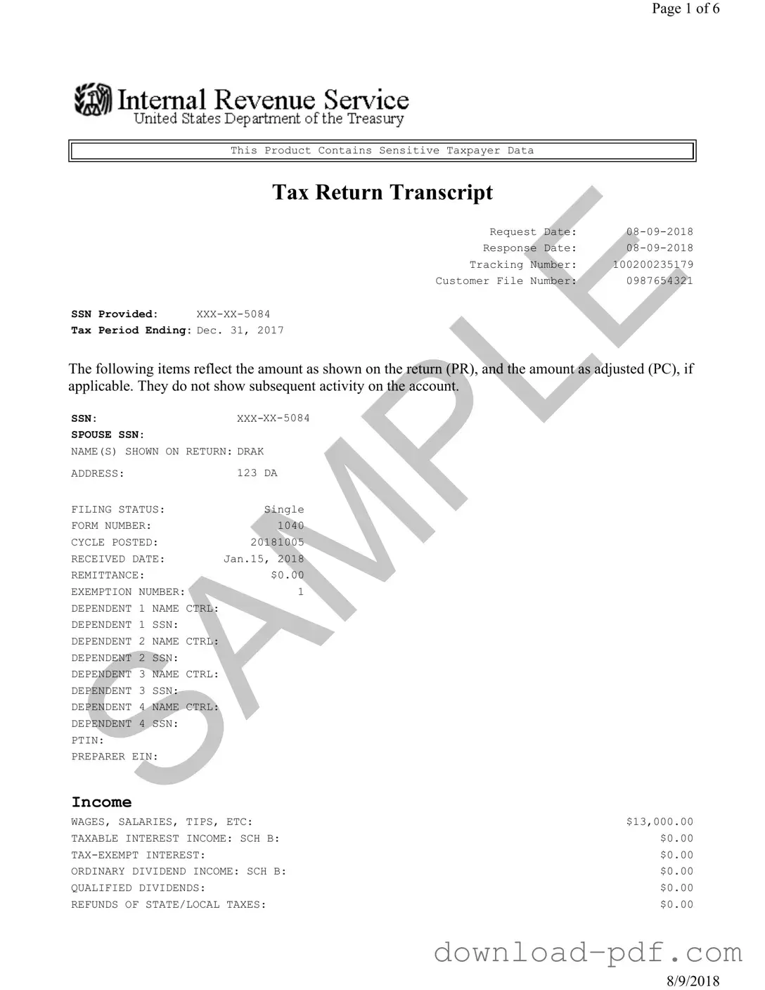 Get Sample Tax Return Transcript Template in PDF