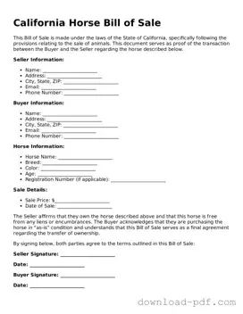 California Horse Bill of Sale Document