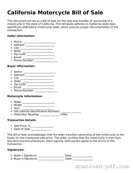 California Motorcycle Bill of Sale Document