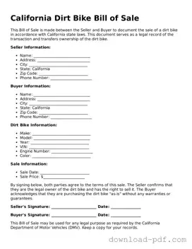 California Dirt Bike Bill of Sale Document