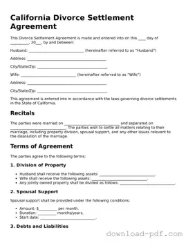 California Divorce Settlement Agreement Document
