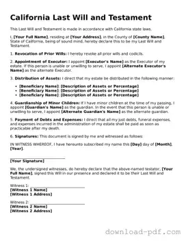 California Last Will and Testament Document