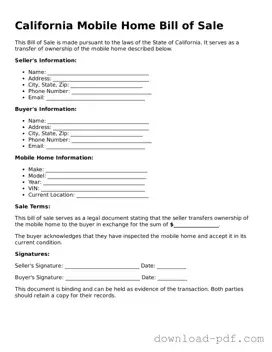 California Mobile Home Bill of Sale Document