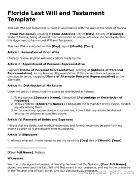 Florida Last Will and Testament Document
