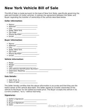 New York Motor Vehicle Bill of Sale Document