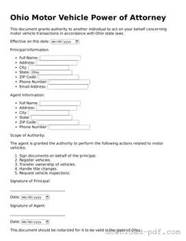 Ohio Motor Vehicle Power of Attorney Document