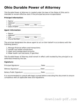 Ohio Durable Power of Attorney Document