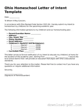 Ohio Homeschool Letter of Intent Document