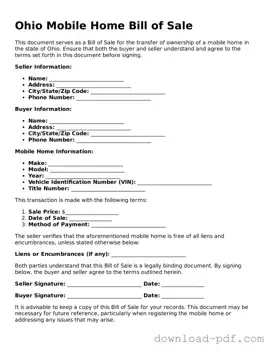 Ohio Mobile Home Bill of Sale Document