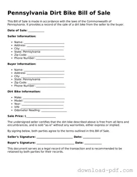 Pennsylvania Dirt Bike Bill of Sale Document