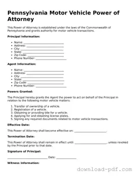 Pennsylvania Motor Vehicle Power of Attorney Document