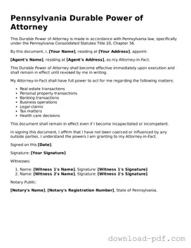 Pennsylvania Durable Power of Attorney Document