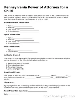 Pennsylvania Power of Attorney for a Child Document