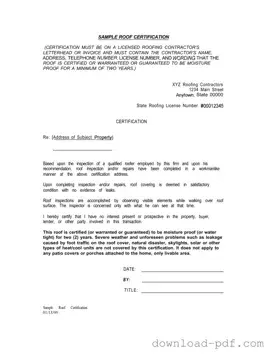Get Sample Roof Certification Template in PDF