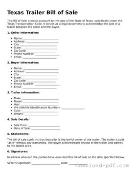 Texas Trailer Bill of Sale Document