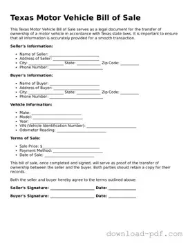 Texas Motor Vehicle Bill of Sale Document