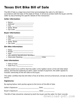 Texas Dirt Bike Bill of Sale Document
