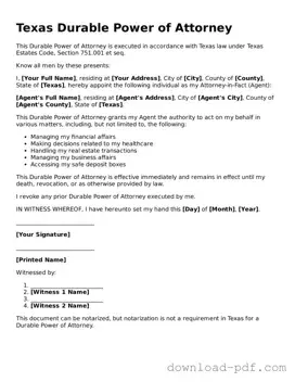 Texas Durable Power of Attorney Document