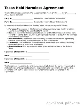 Texas Hold Harmless Agreement Document
