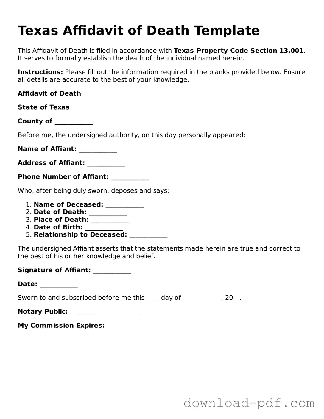 Texas Affidavit of Death Document