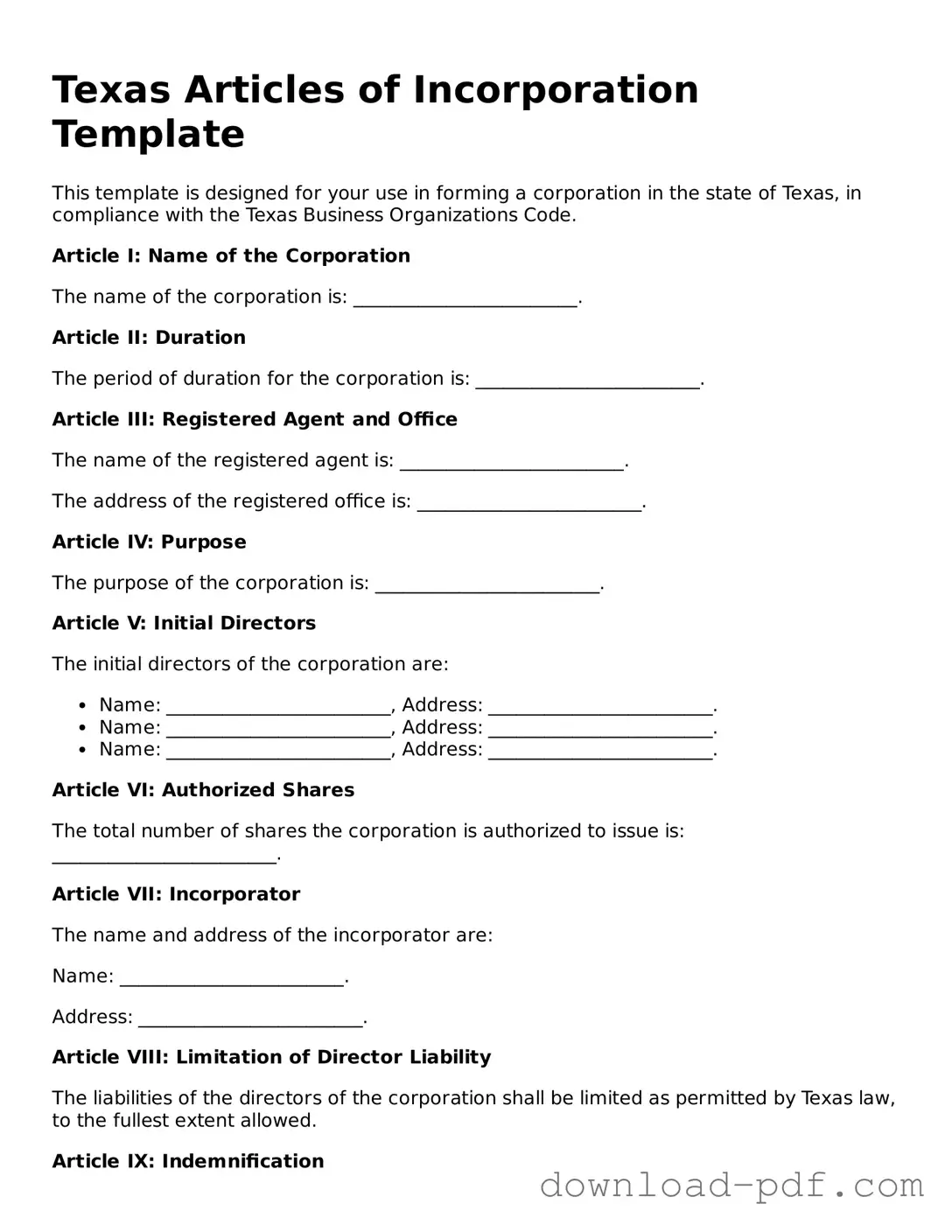 Texas Articles of Incorporation Document