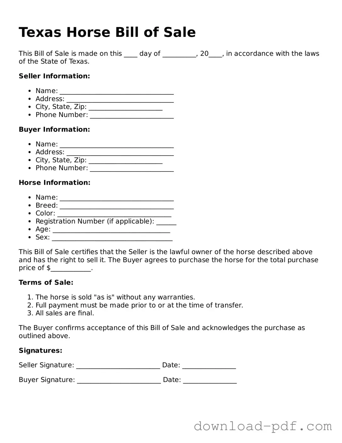 Texas Horse Bill of Sale Document