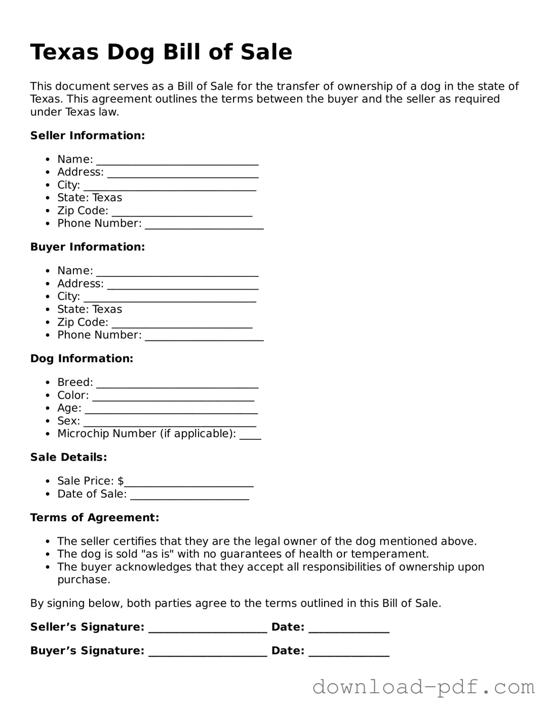 Texas Dog Bill of Sale Document