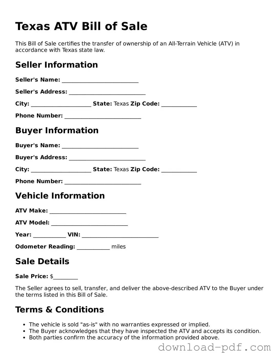 Texas ATV Bill of Sale Document