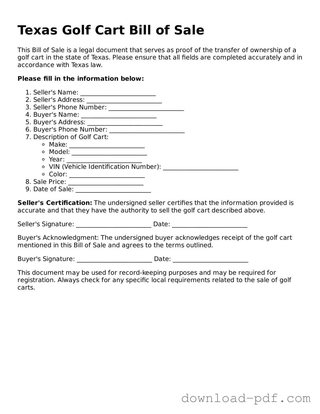Texas Golf Cart Bill of Sale Document