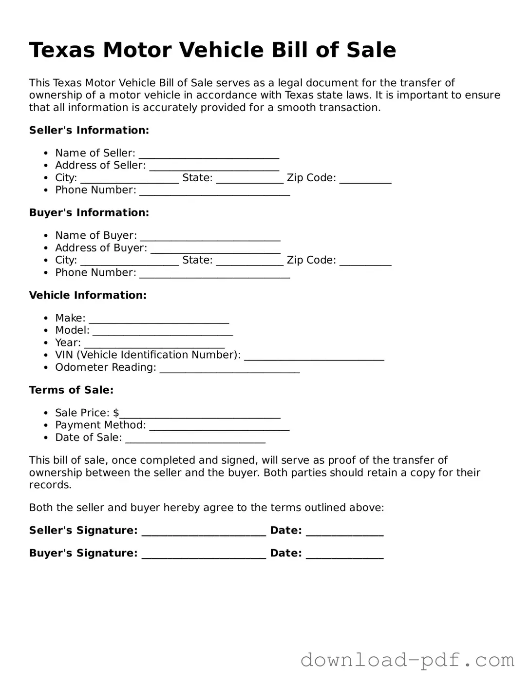 Texas Motor Vehicle Bill of Sale Document