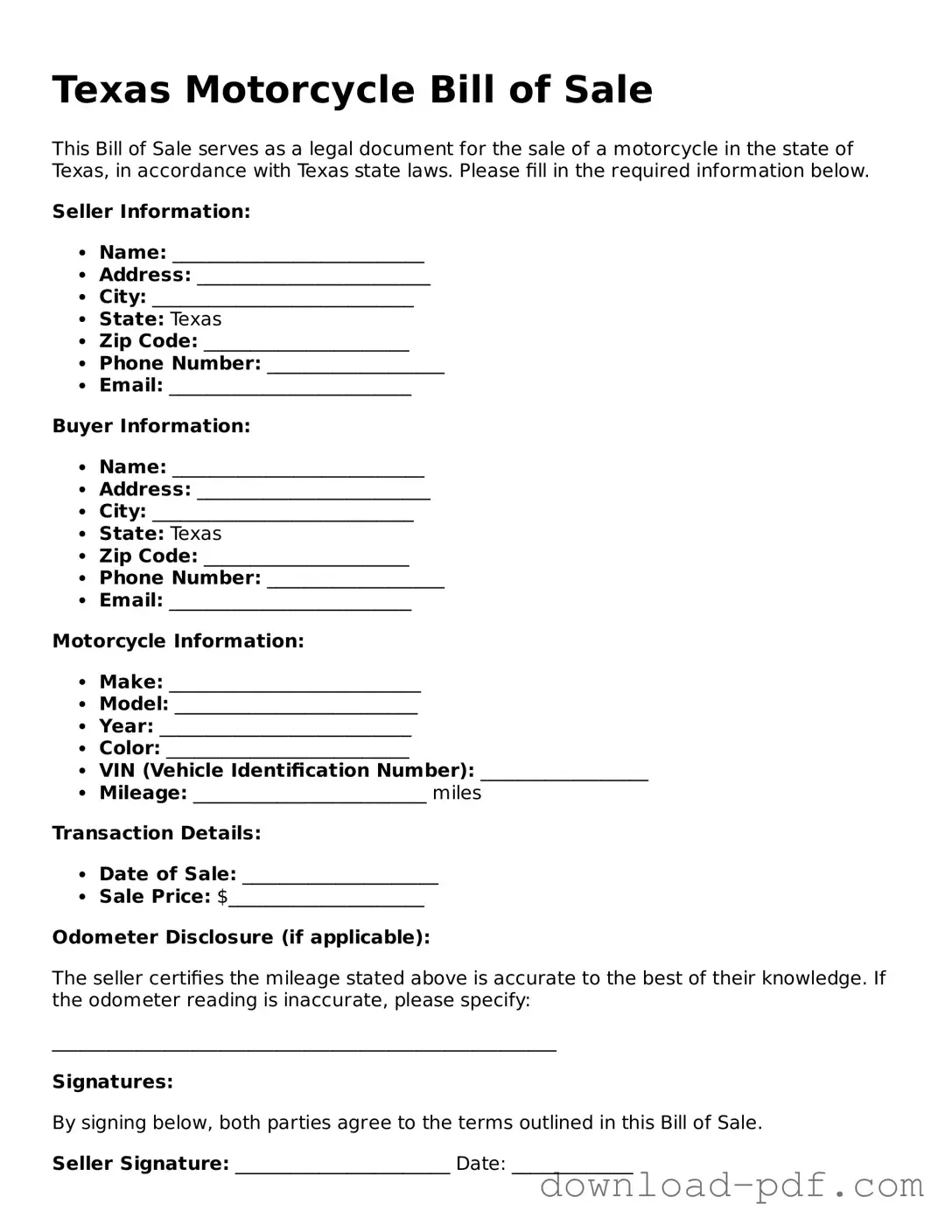 Texas Motorcycle Bill of Sale Document