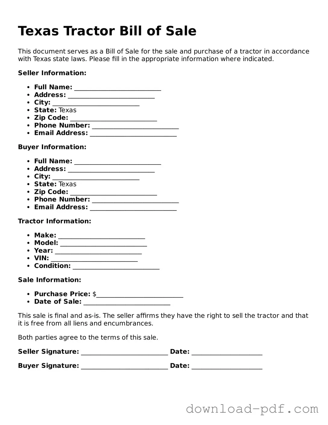 Texas Tractor Bill of Sale Document