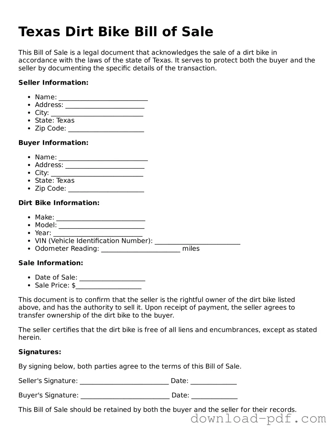 Texas Dirt Bike Bill of Sale Document