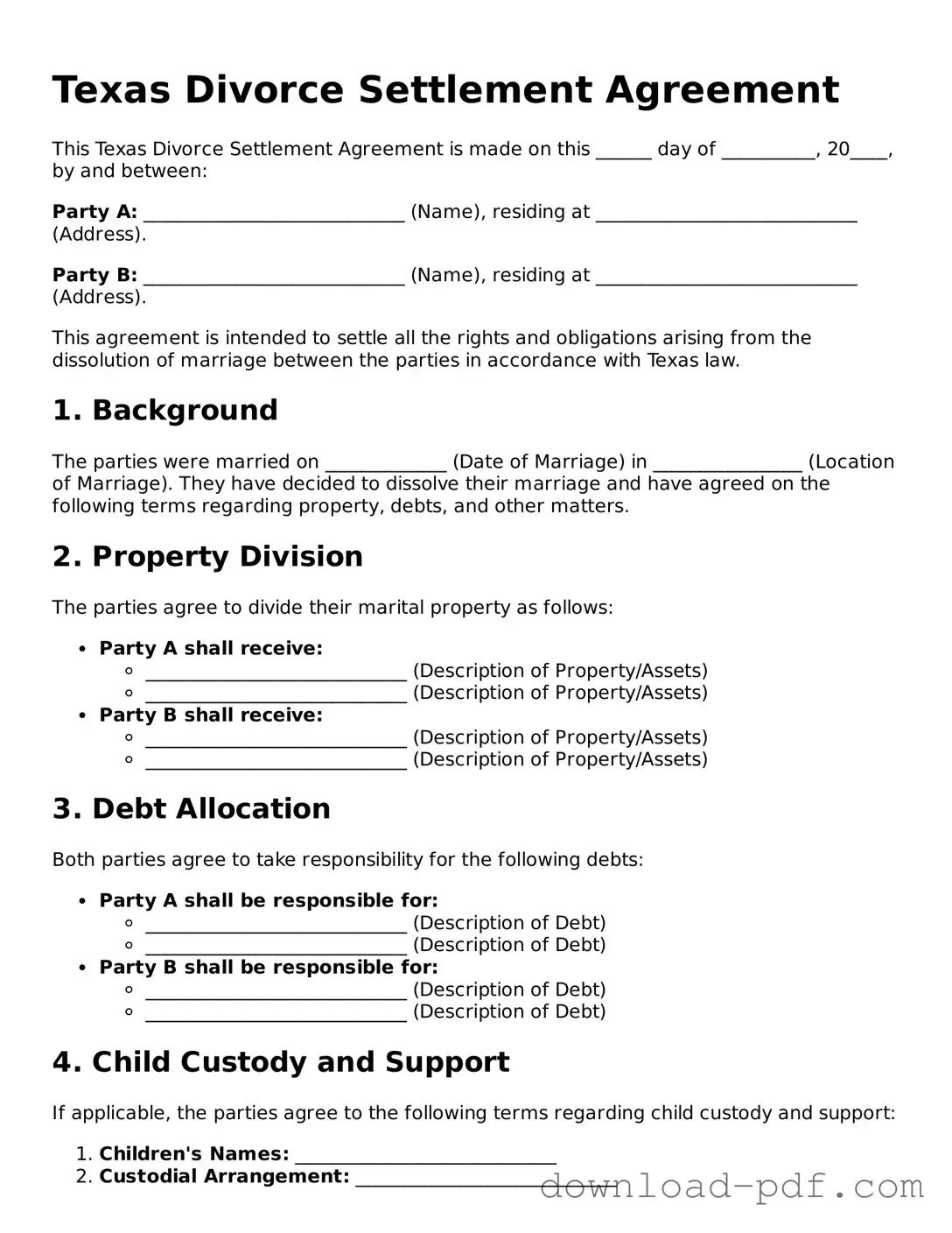 Texas Divorce Settlement Agreement Document