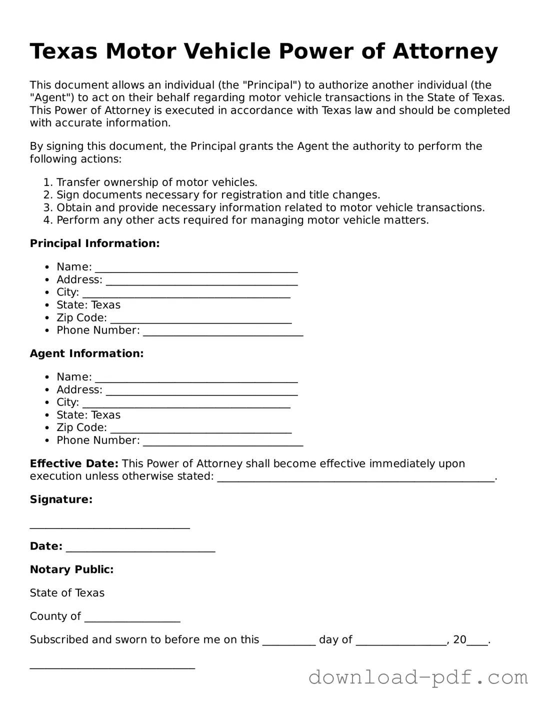 Texas Motor Vehicle Power of Attorney Document