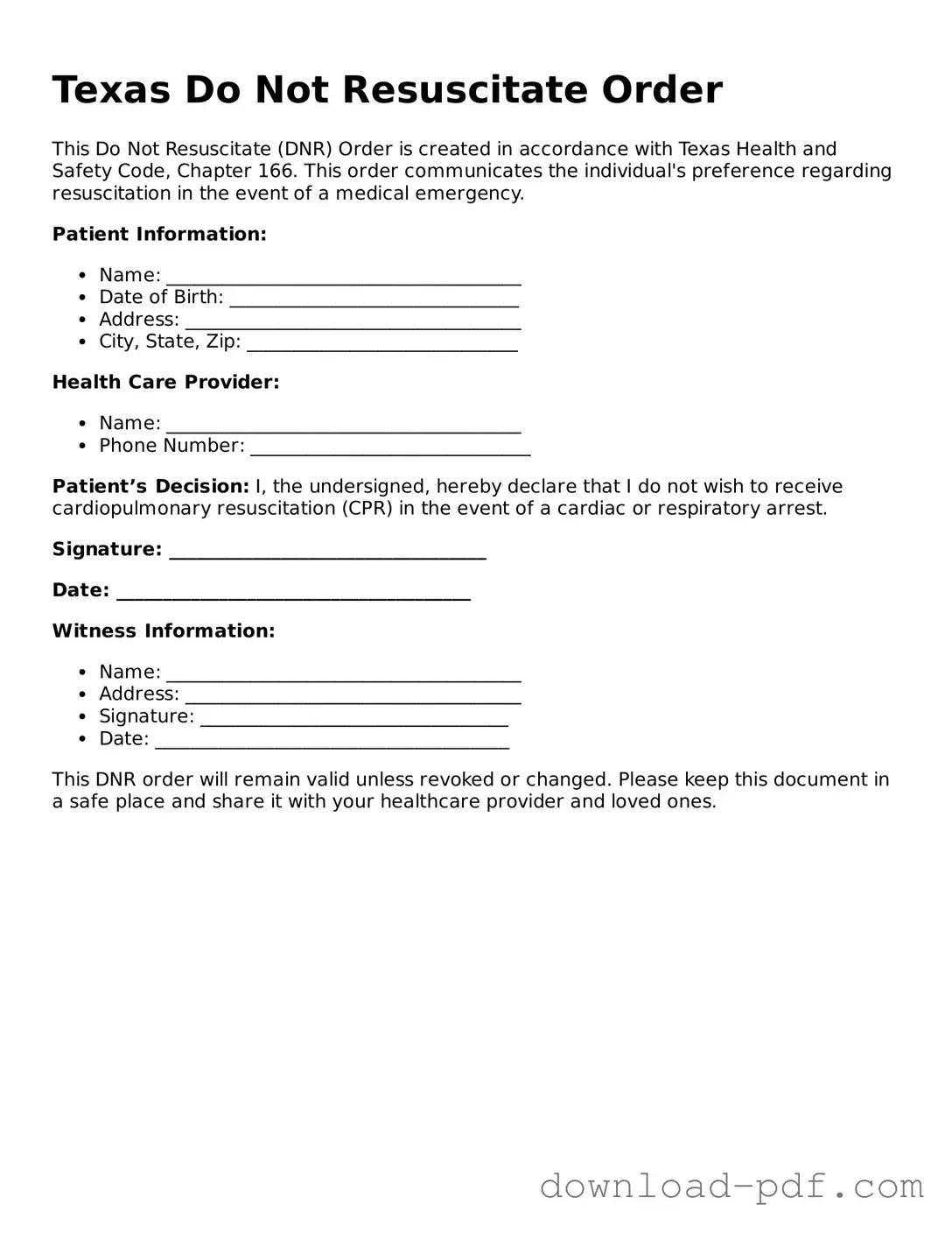 Texas Do Not Resuscitate Order Document