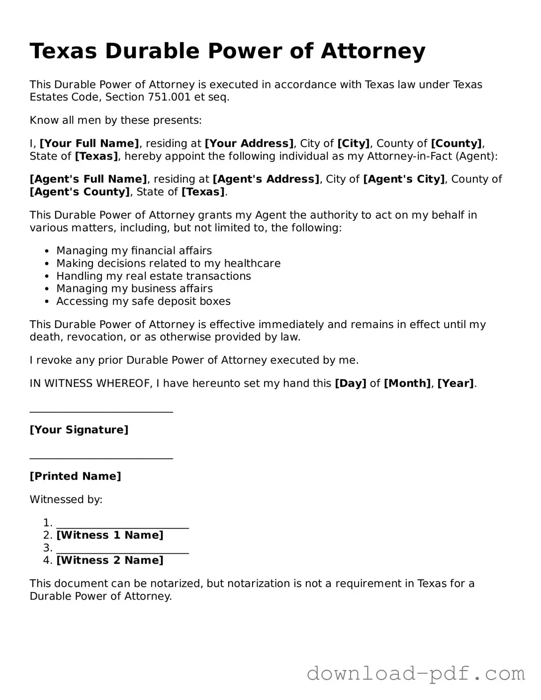 Texas Durable Power of Attorney Document